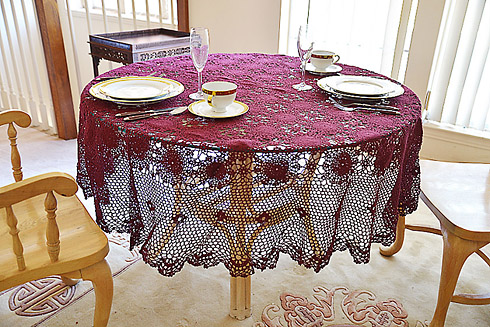 Festive Crochet Round tablecloth. Merlot color. 70"RD - Click Image to Close
